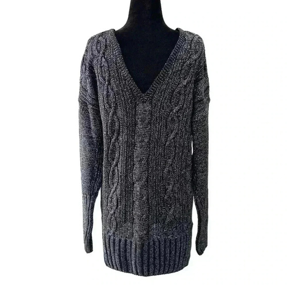 Topshop Oversized Sweater Cable Knit V Neck Tunic Black Silver Metallic Small 4 - Picture 2 of 15